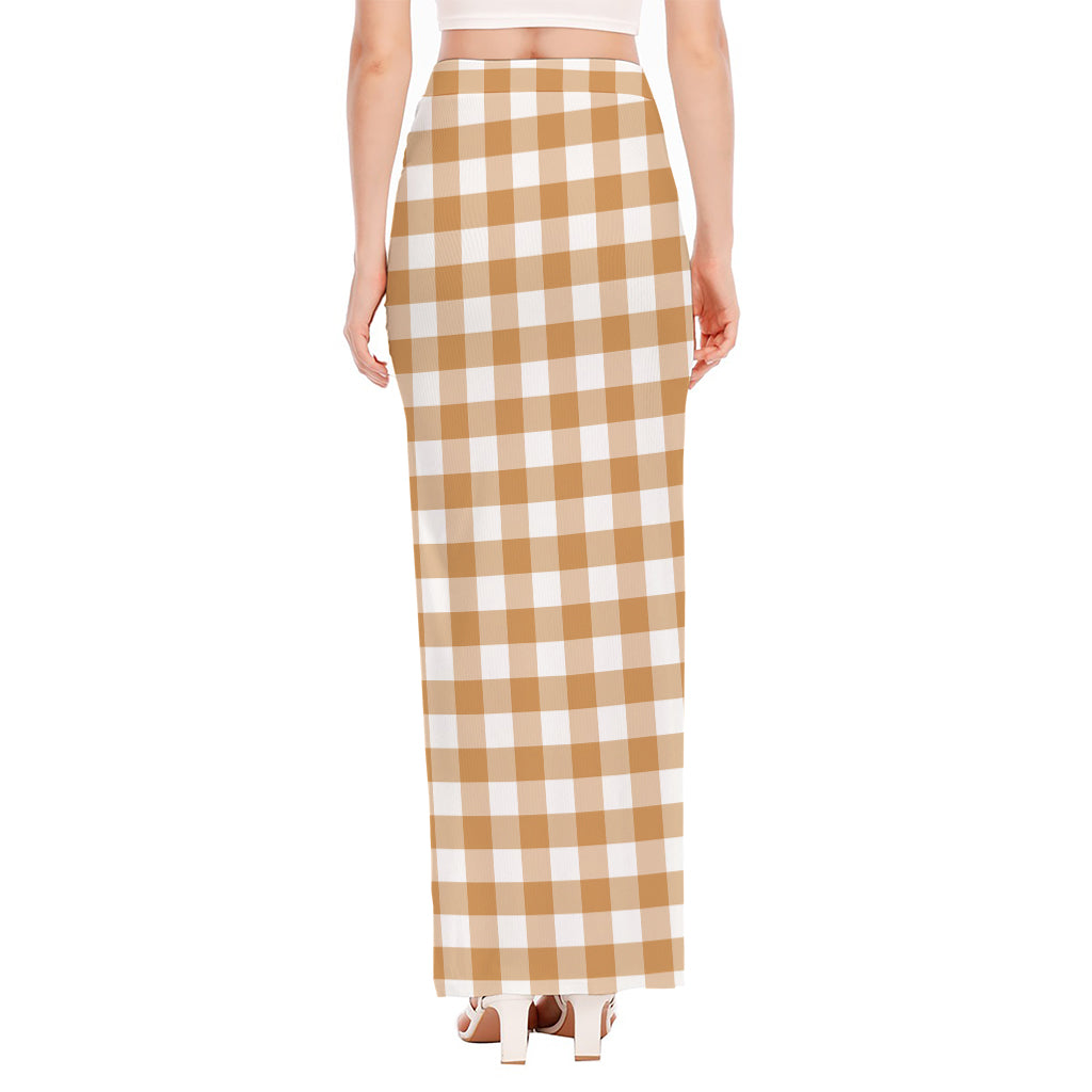 Brown And White Gingham Pattern Print High Slit Maxi Skirt