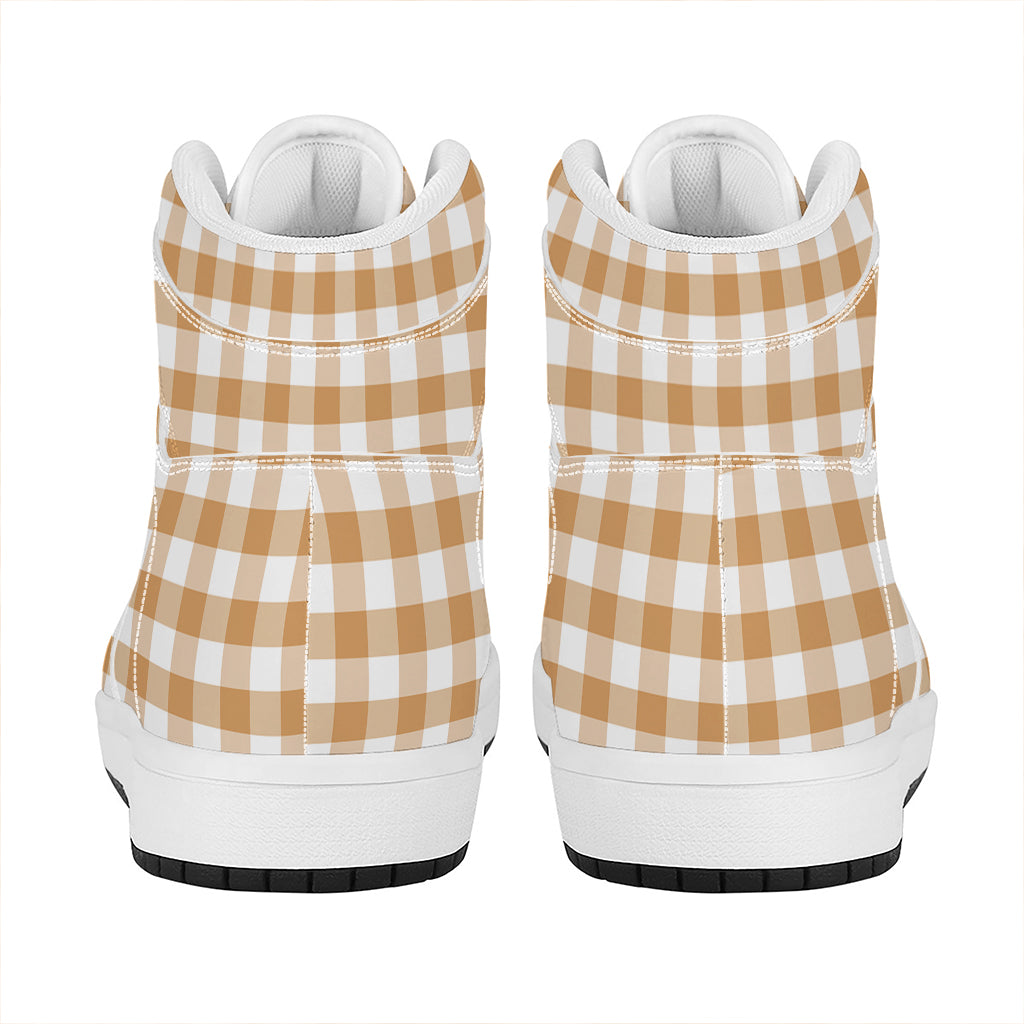 Brown And White Gingham Pattern Print High Top Leather Sneakers