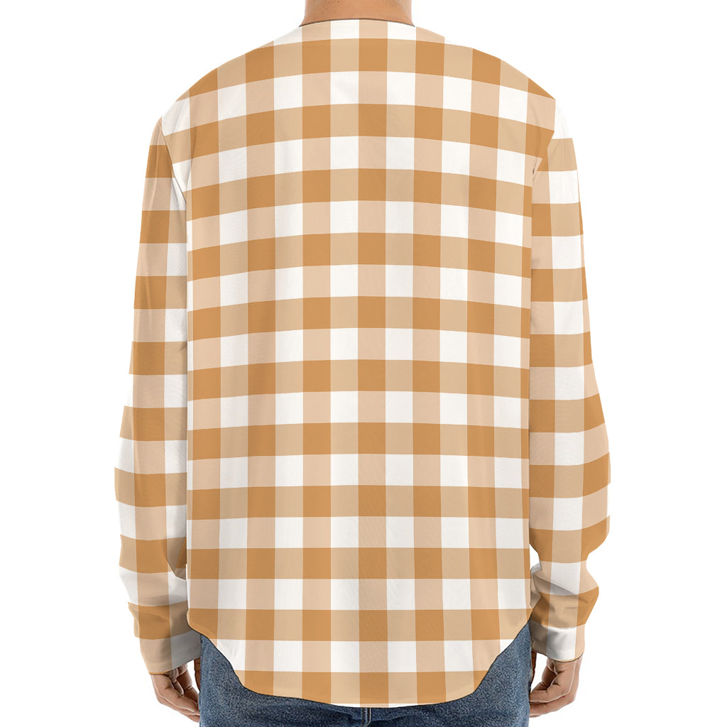 Brown And White Gingham Pattern Print Long Sleeve Baseball Jersey