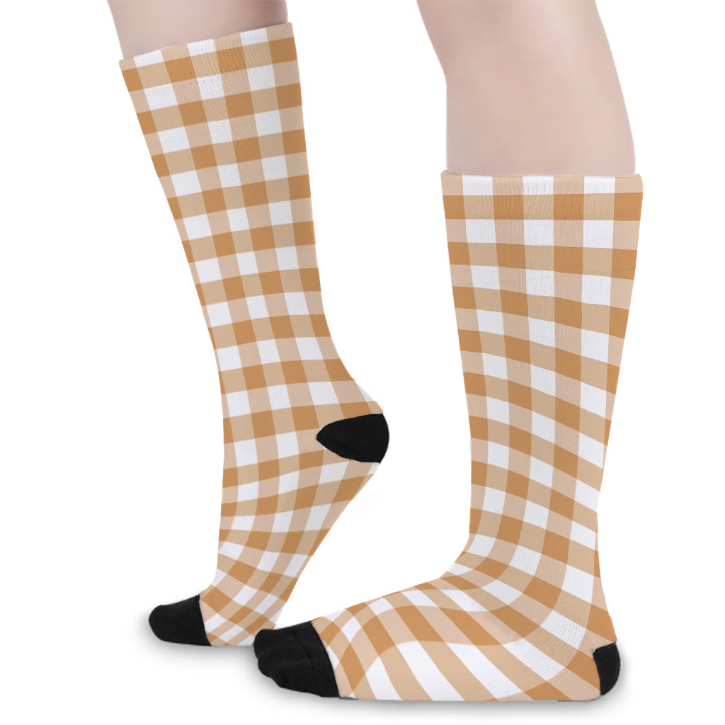 Brown And White Gingham Pattern Print Long Socks