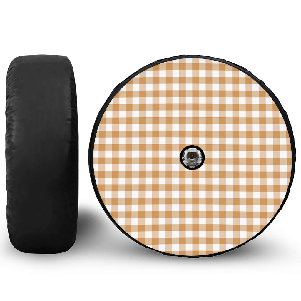 Brown And White Gingham Pattern Print Tire Cover With Camera Hole