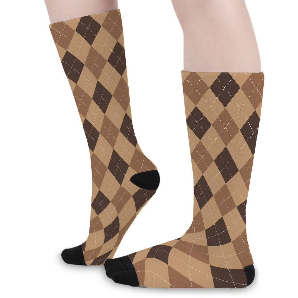 Brown Argyle Pattern Print Long Socks