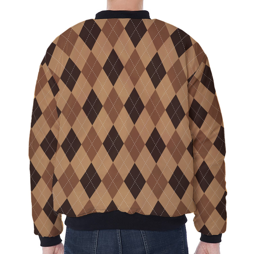 Brown Argyle Pattern Print Zip Sleeve Bomber Jacket
