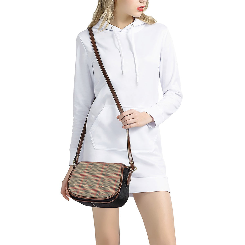 Brown Beige And Red Glen Plaid Print Saddle Bag