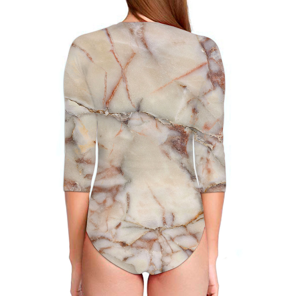 Brown Beige Marble Print Long Sleeve Swimsuit