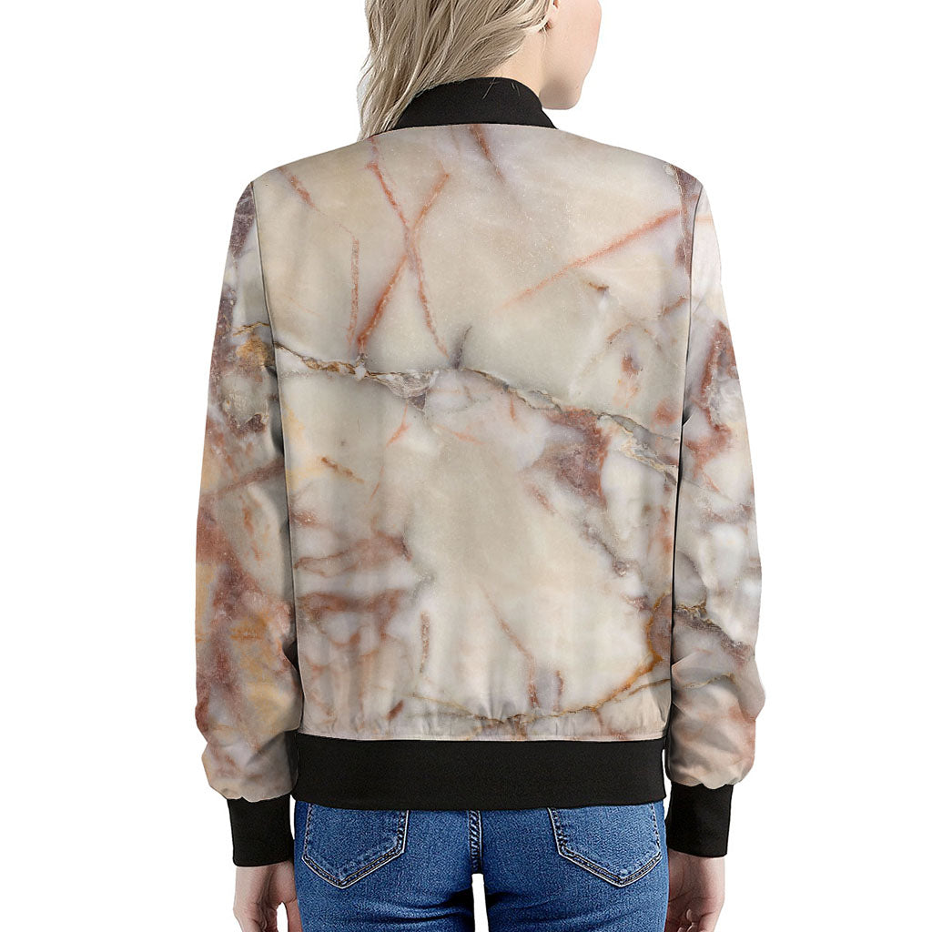 Brown Beige Marble Print Women's Bomber Jacket