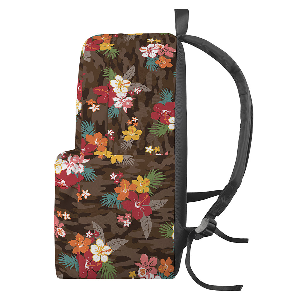 Brown Camo Hibiscus Flower Print Backpack