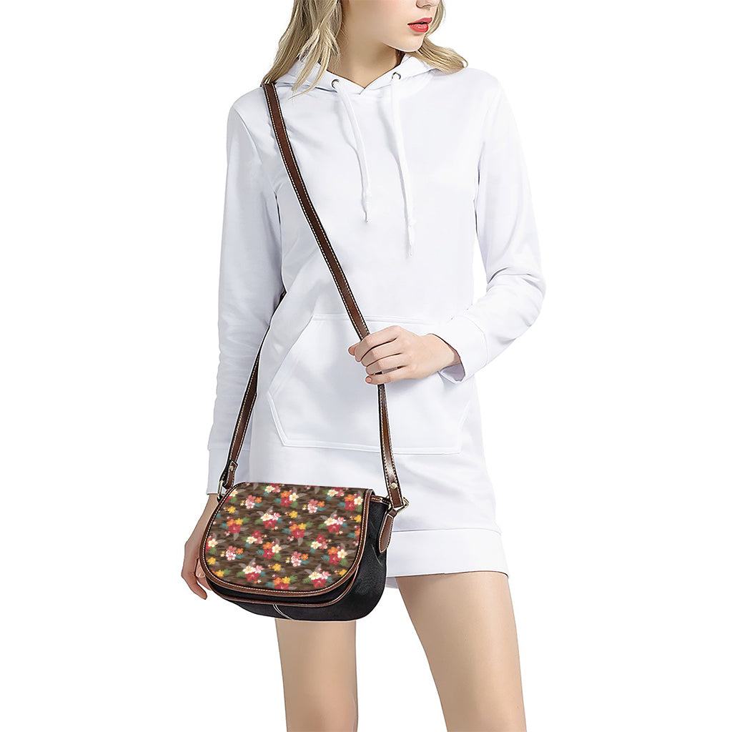 Brown Camo Hibiscus Flower Print Saddle Bag