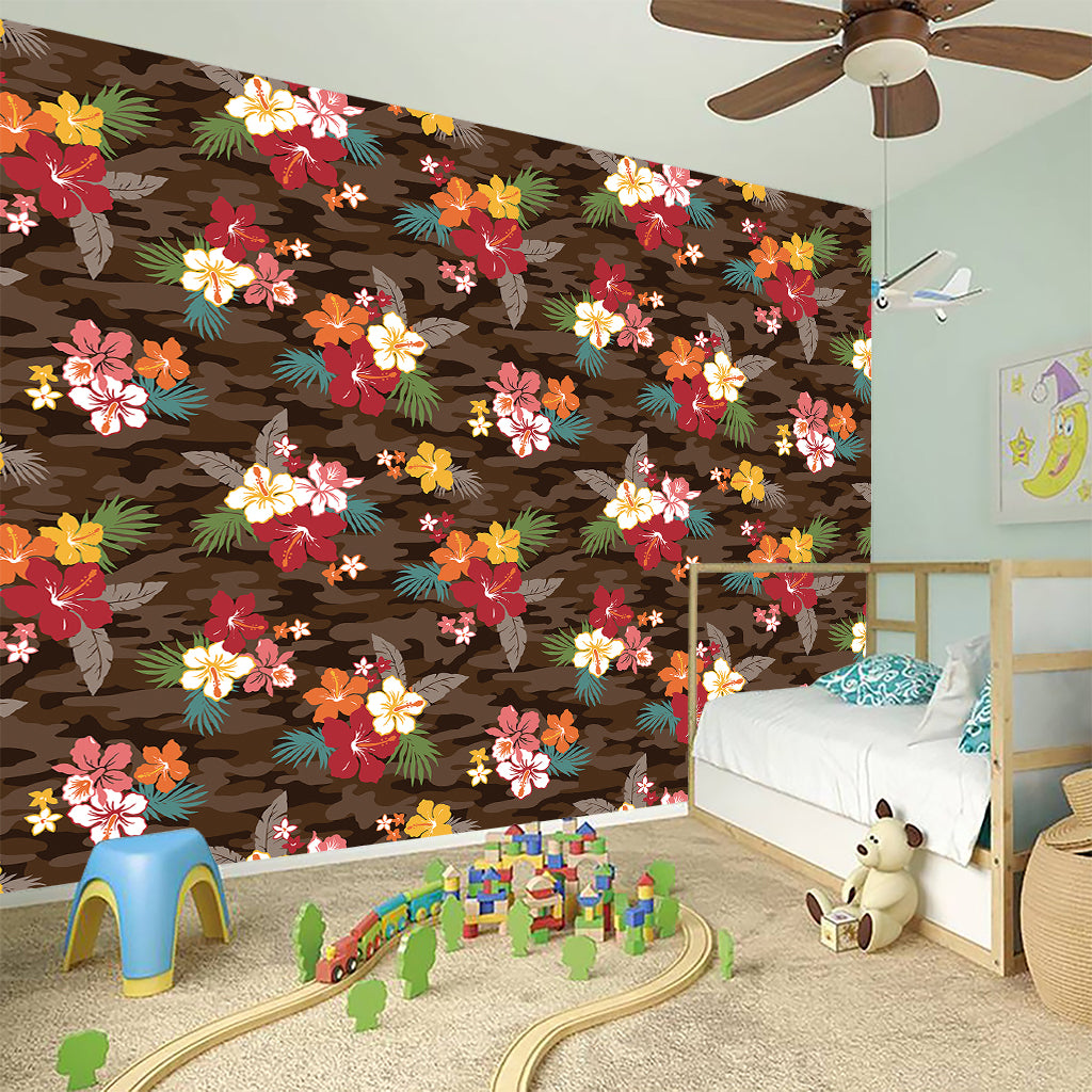 Brown Camo Hibiscus Flower Print Wall Sticker