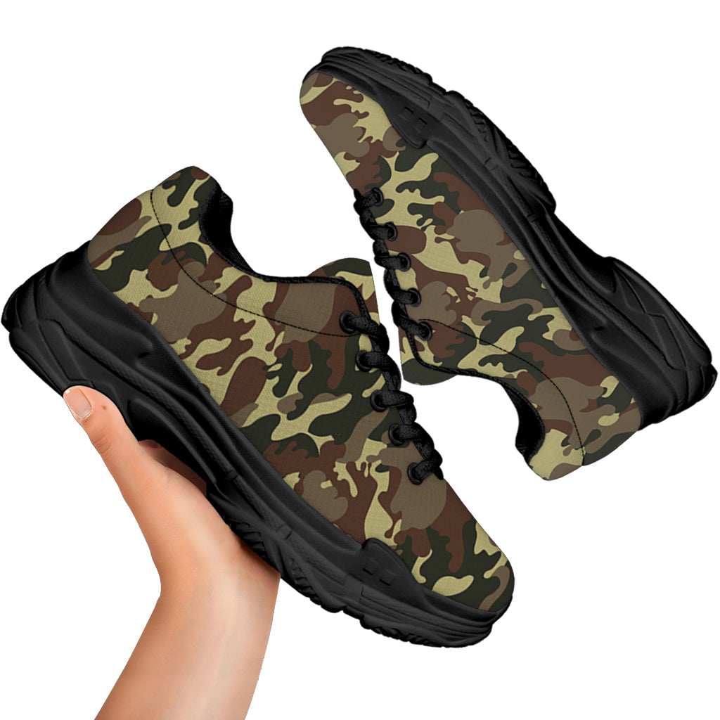Brown Camouflage Print Black Chunky Shoes