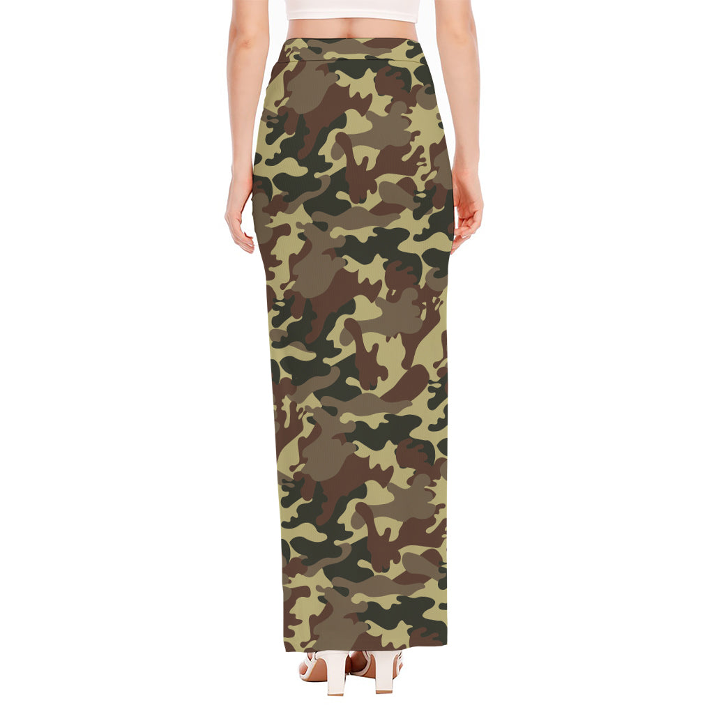 Brown Camouflage Print High Slit Maxi Skirt