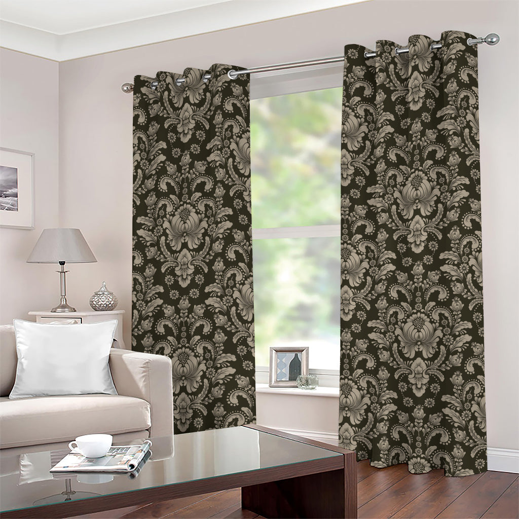 Brown Damask Pattern Print Grommet Curtains