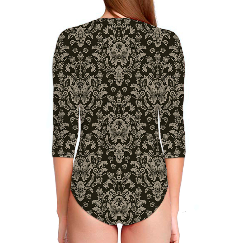 Brown Damask Pattern Print Long Sleeve Swimsuit