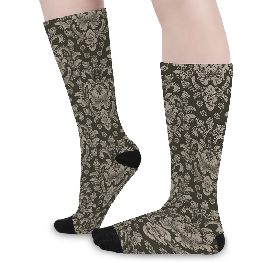 Brown Damask Pattern Print Long Socks