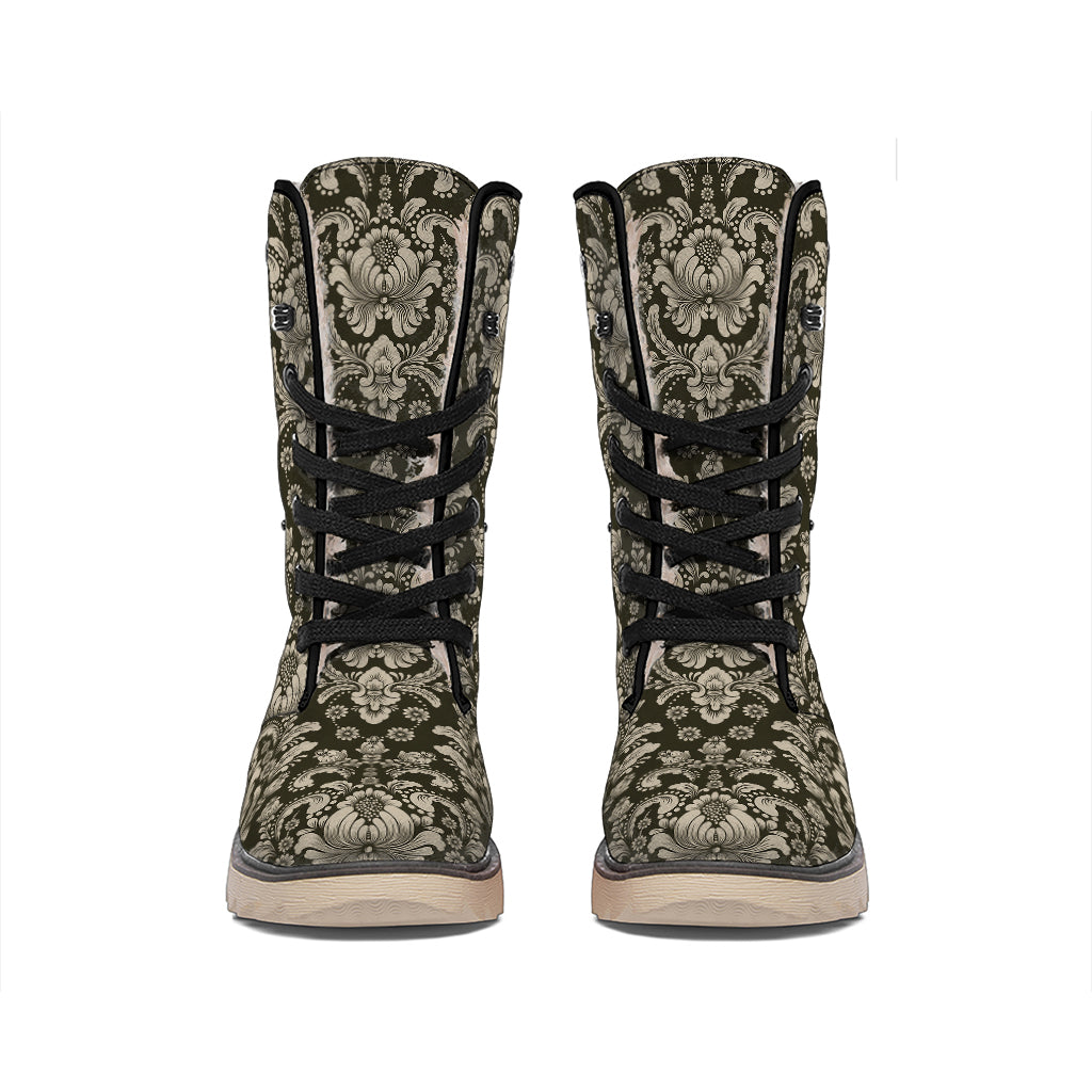 Brown Damask Pattern Print Winter Boots