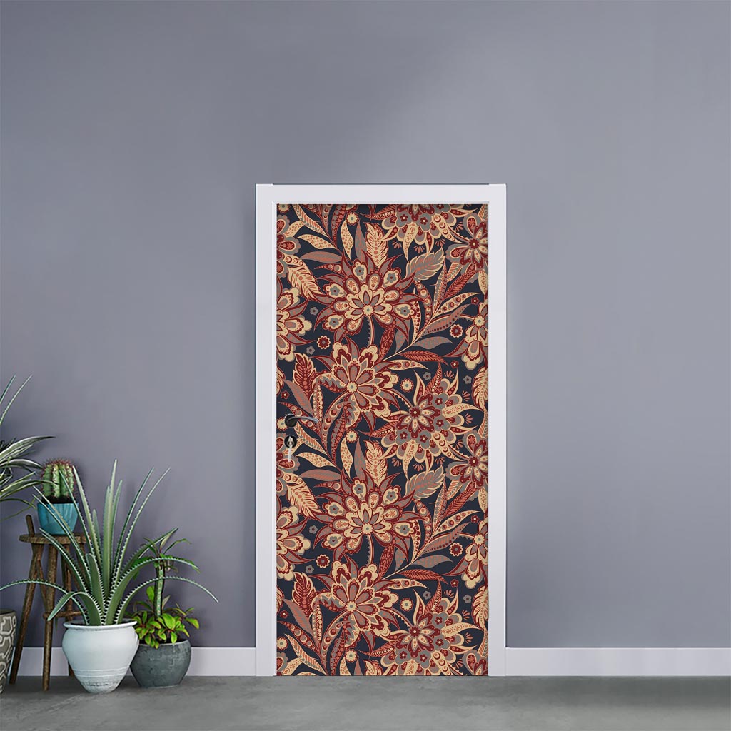 Brown Floral Bohemian Pattern Print Door Sticker