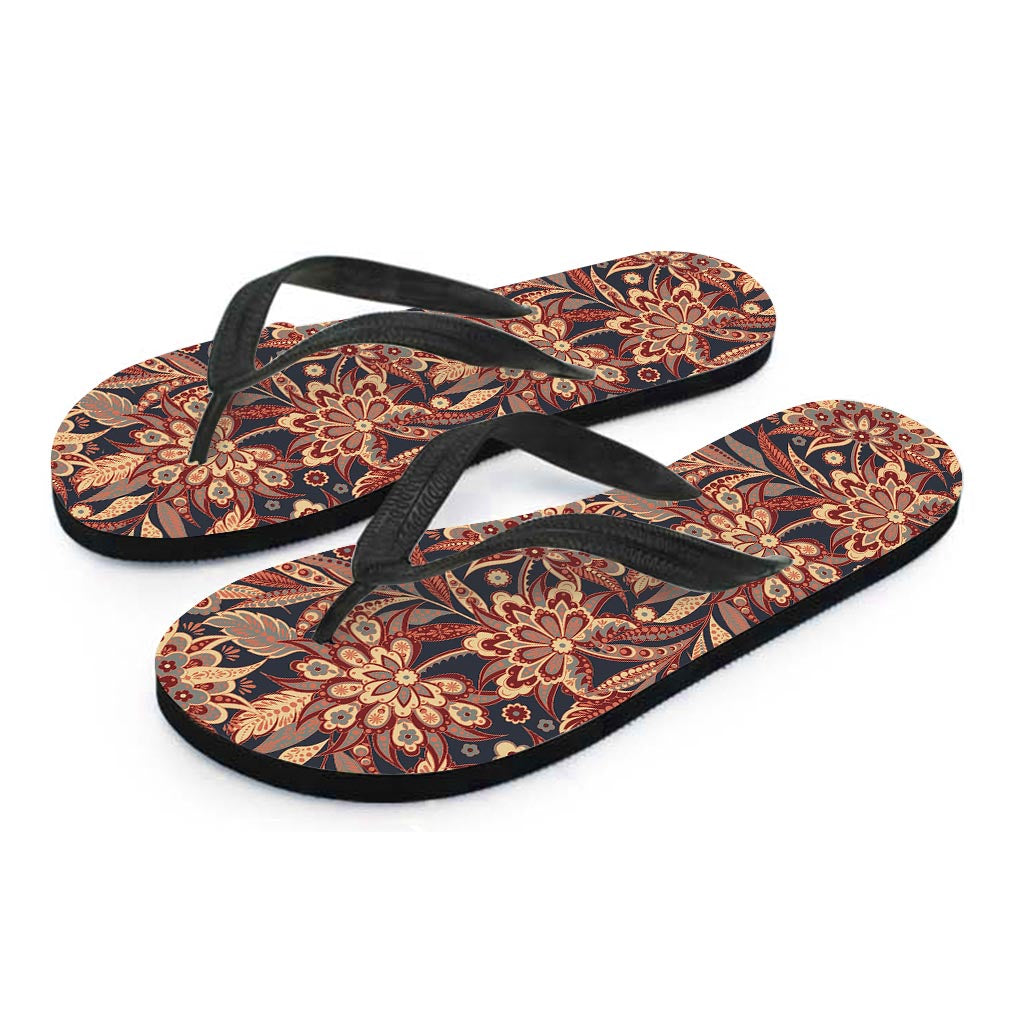 Brown Floral Bohemian Pattern Print Flip Flops