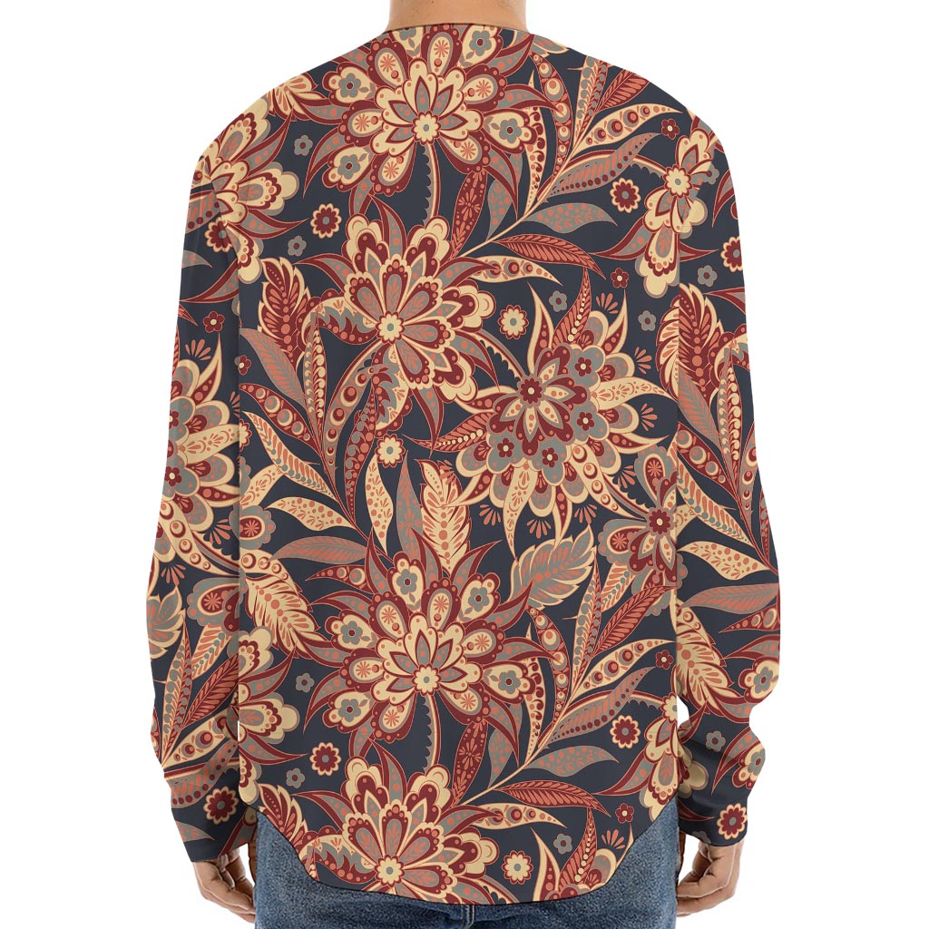 Brown Floral Bohemian Pattern Print Long Sleeve Baseball Jersey