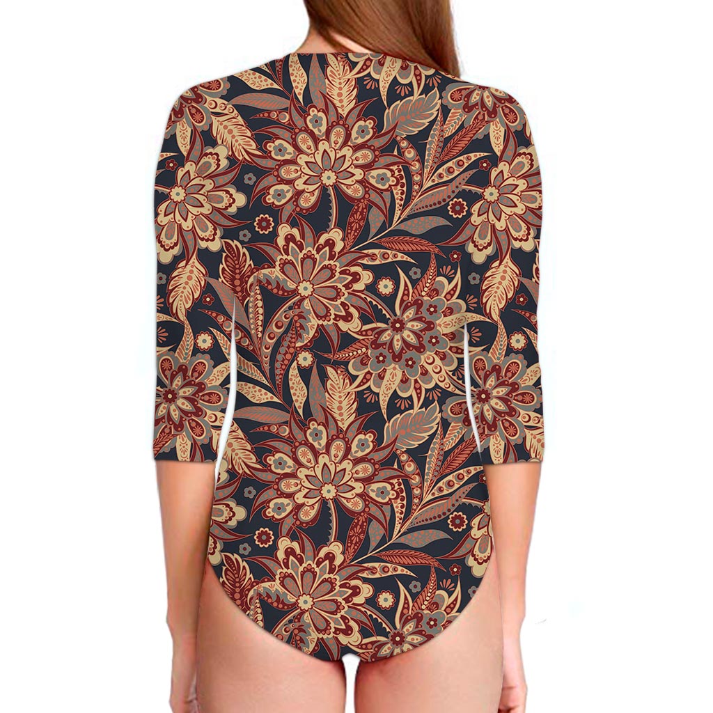 Brown Floral Bohemian Pattern Print Long Sleeve Swimsuit