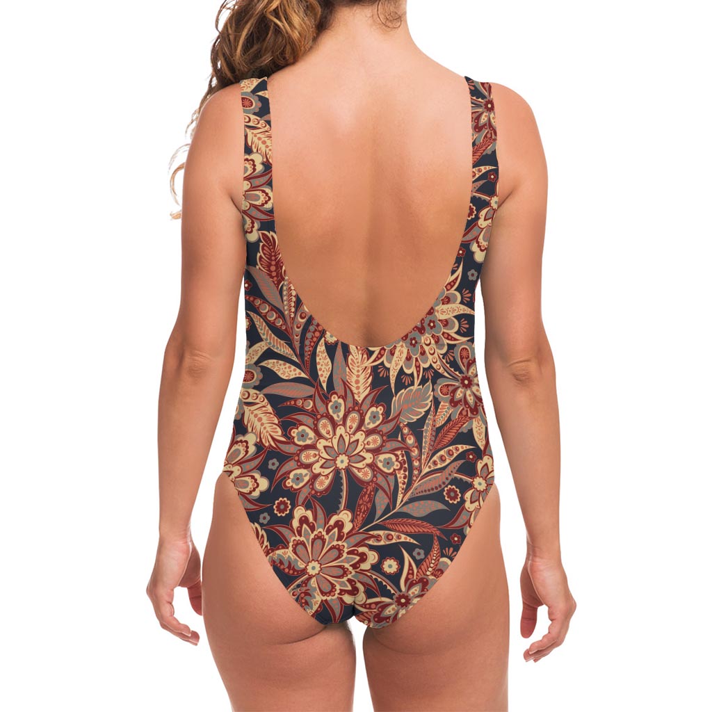 Brown Floral Bohemian Pattern Print One Piece Swimsuit
