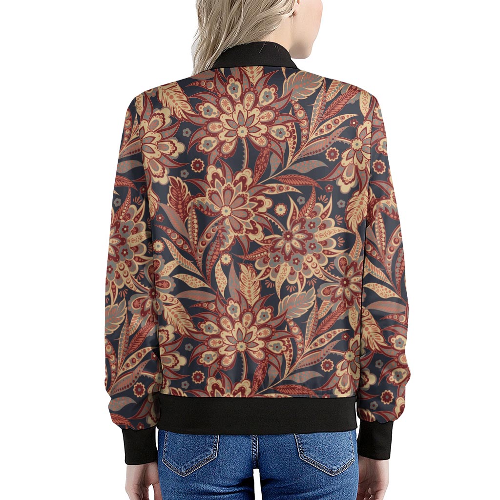 Brown Floral Bohemian Pattern Print Women's Bomber Jacket