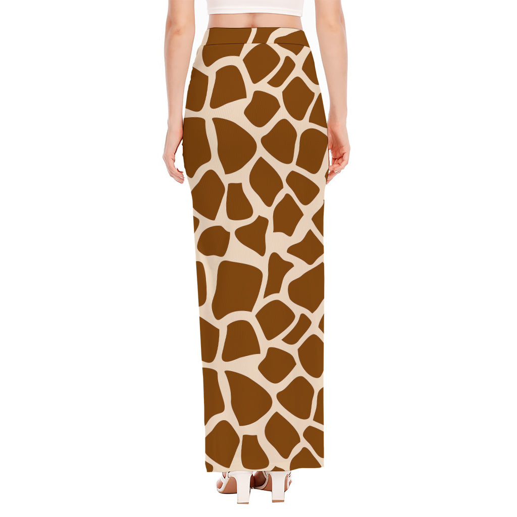 Brown Giraffe Pattern Print High Slit Maxi Skirt
