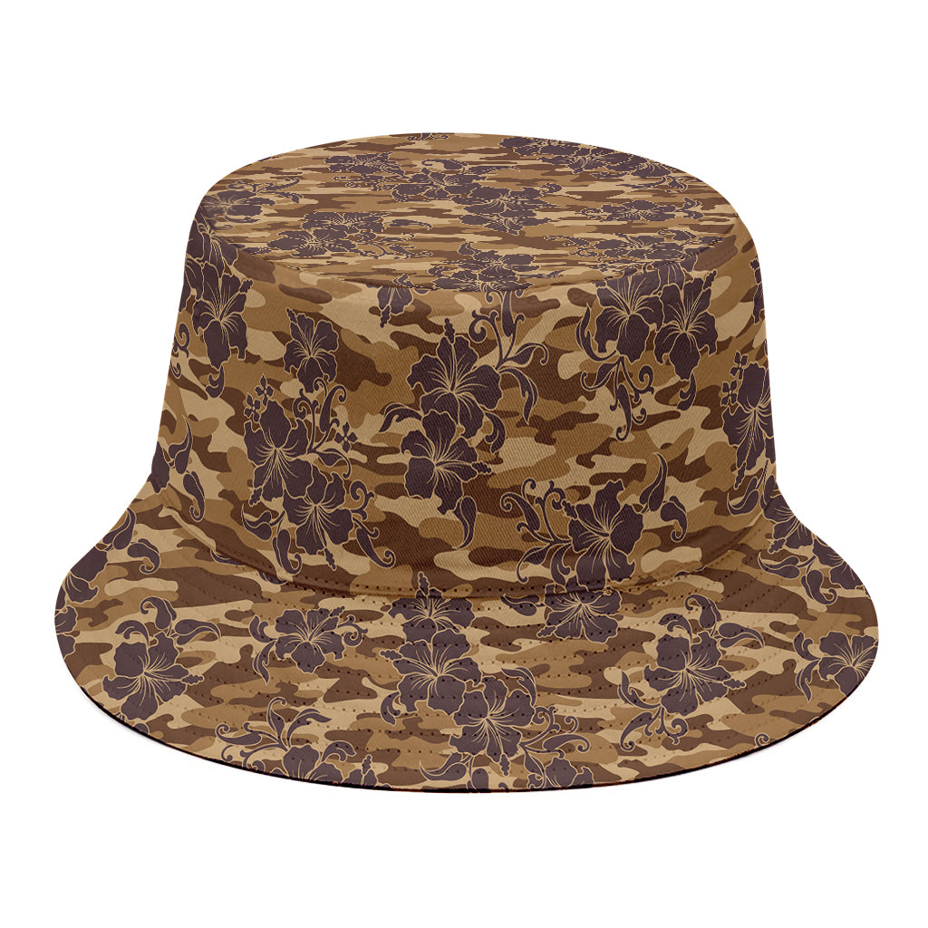 Brown Hawaiian Camo Flower Pattern Print Bucket Hat