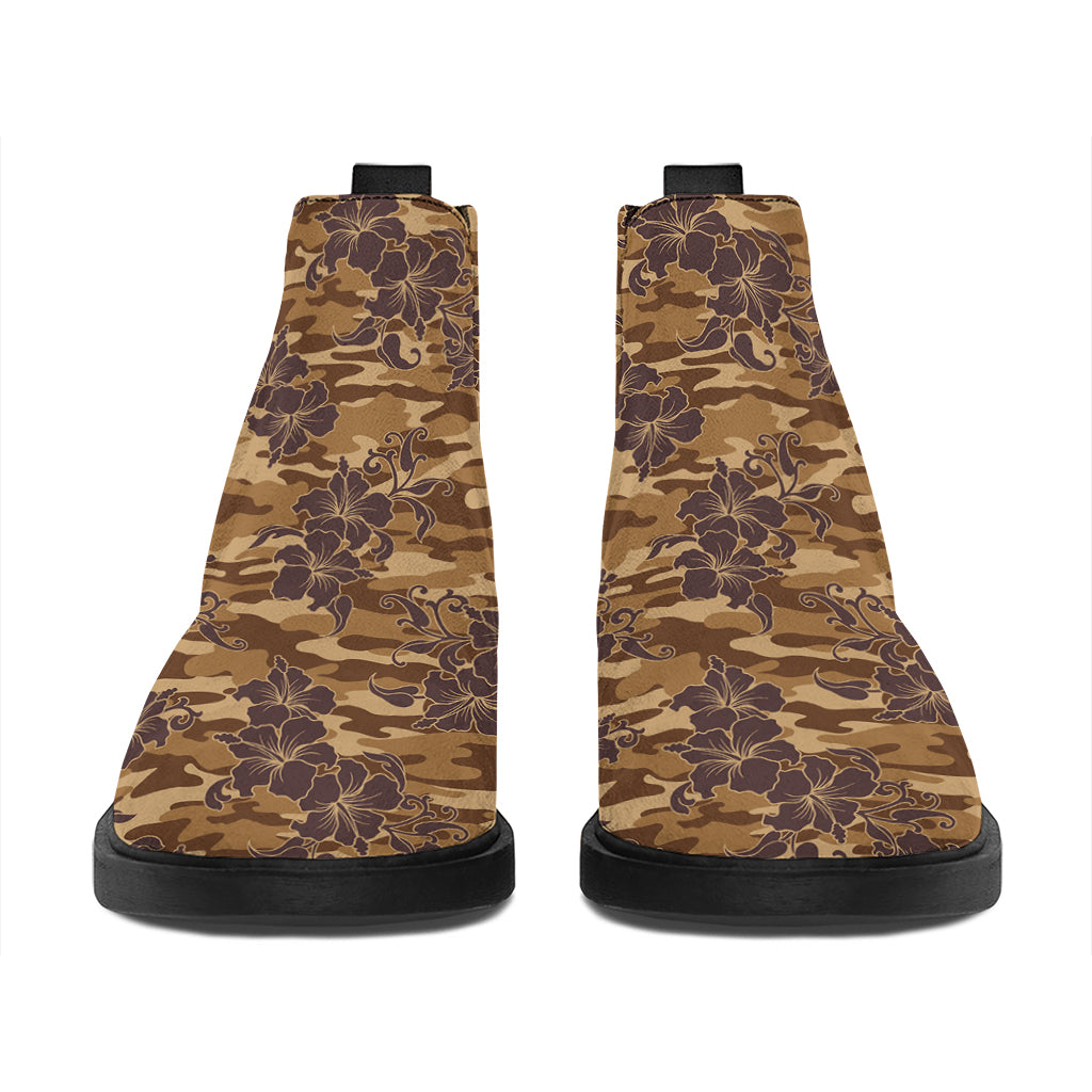 Brown Hawaiian Camo Flower Pattern Print Flat Ankle Boots