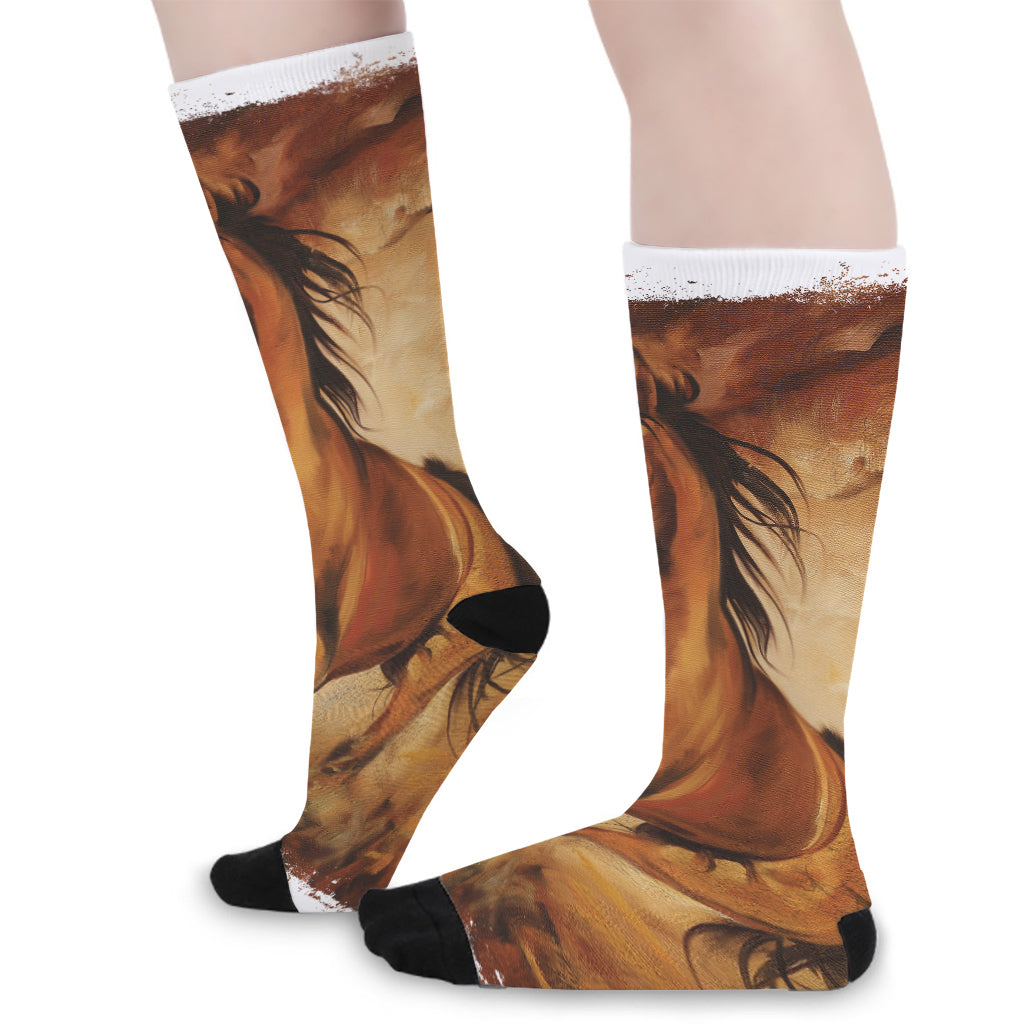 Brown Horse Painting Print Long Socks
