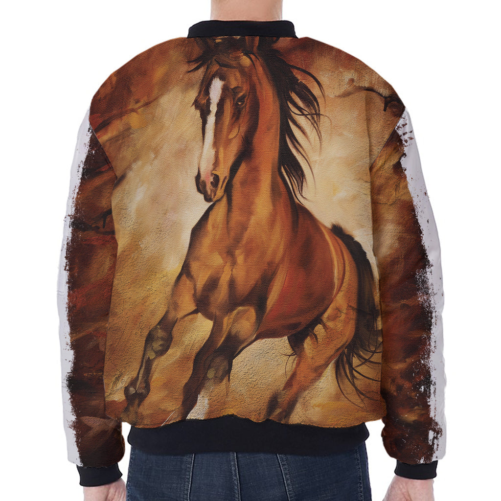 Brown Horse Painting Print Zip Sleeve Bomber Jacket