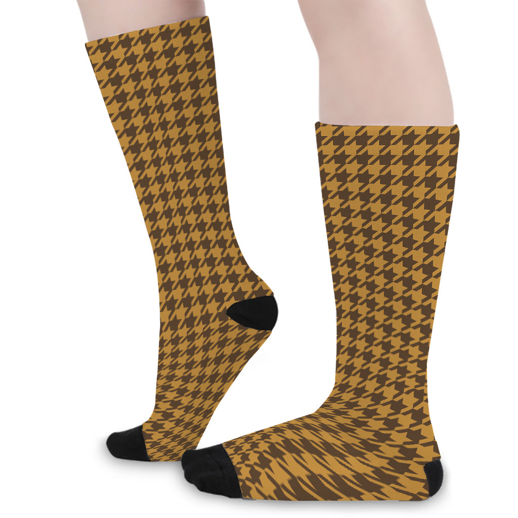 Brown Houndstooth Pattern Print Long Socks