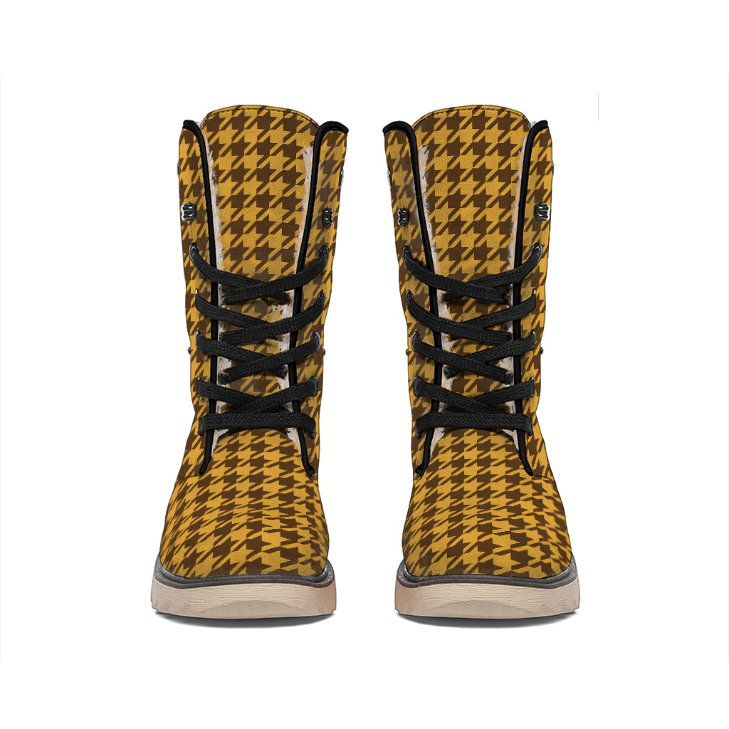 Brown Houndstooth Pattern Print Winter Boots