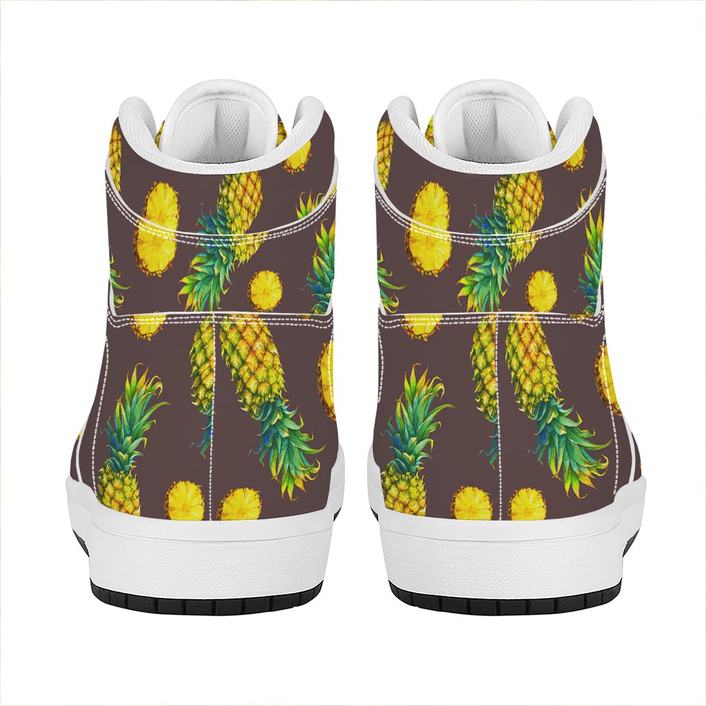 Brown Pineapple Pattern Print High Top Leather Sneakers