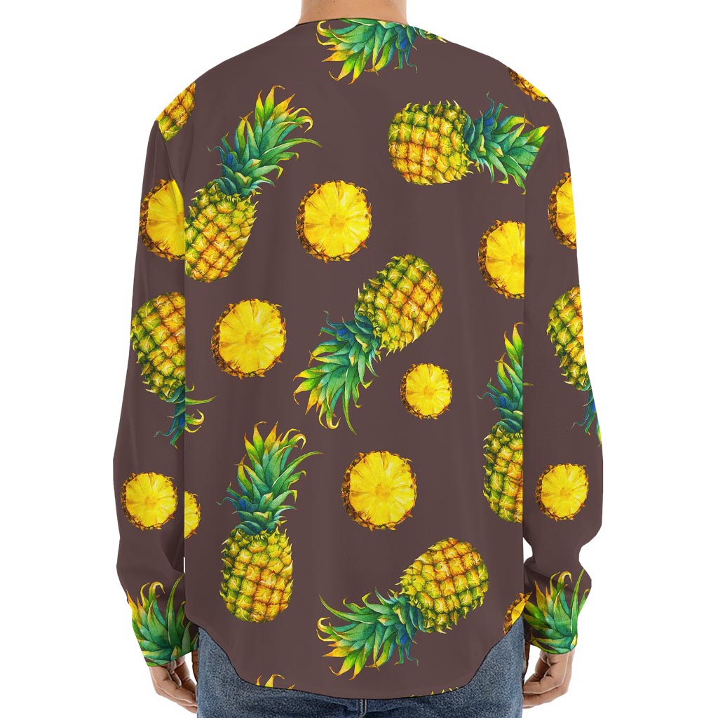 Brown Pineapple Pattern Print Long Sleeve Baseball Jersey