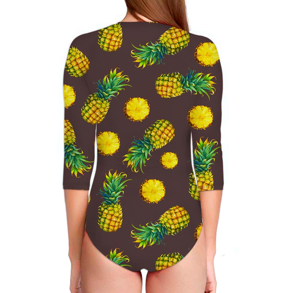 Brown Pineapple Pattern Print Long Sleeve Swimsuit