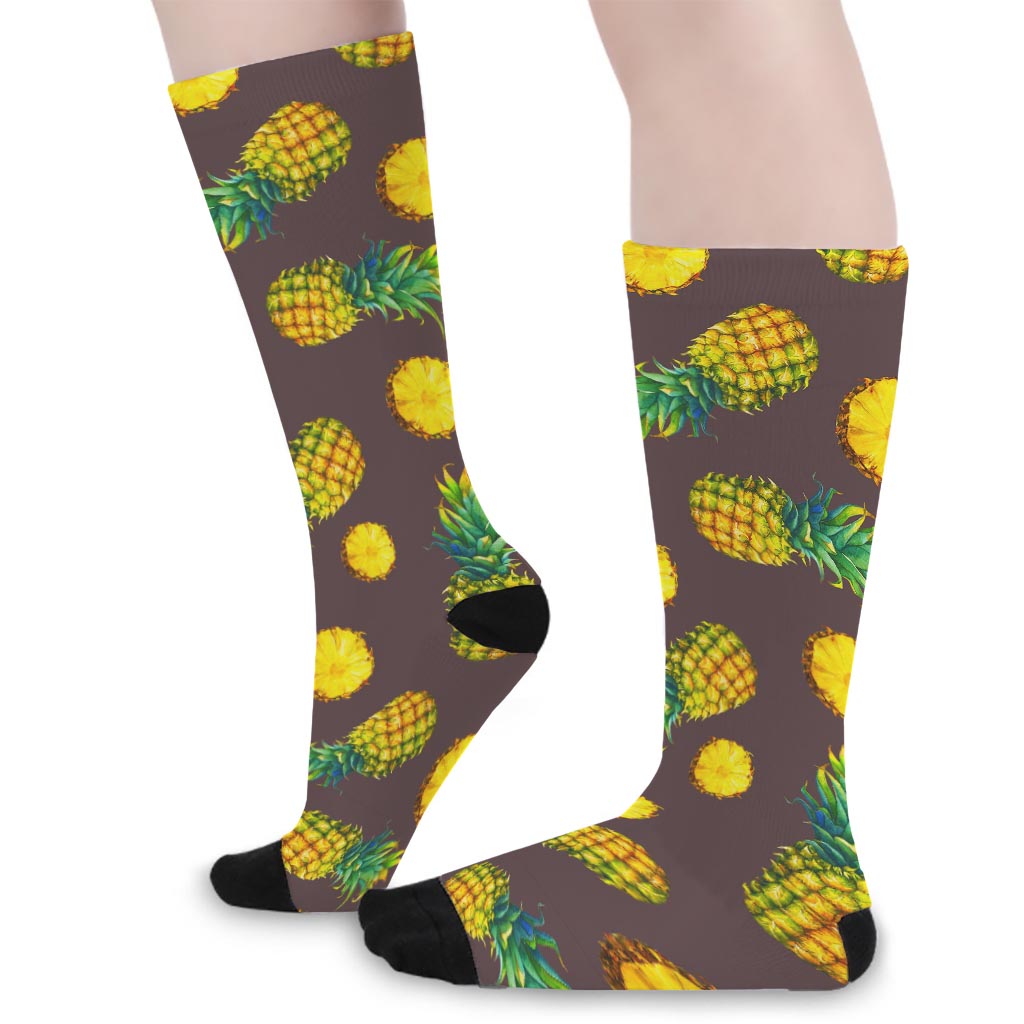 Brown Pineapple Pattern Print Long Socks