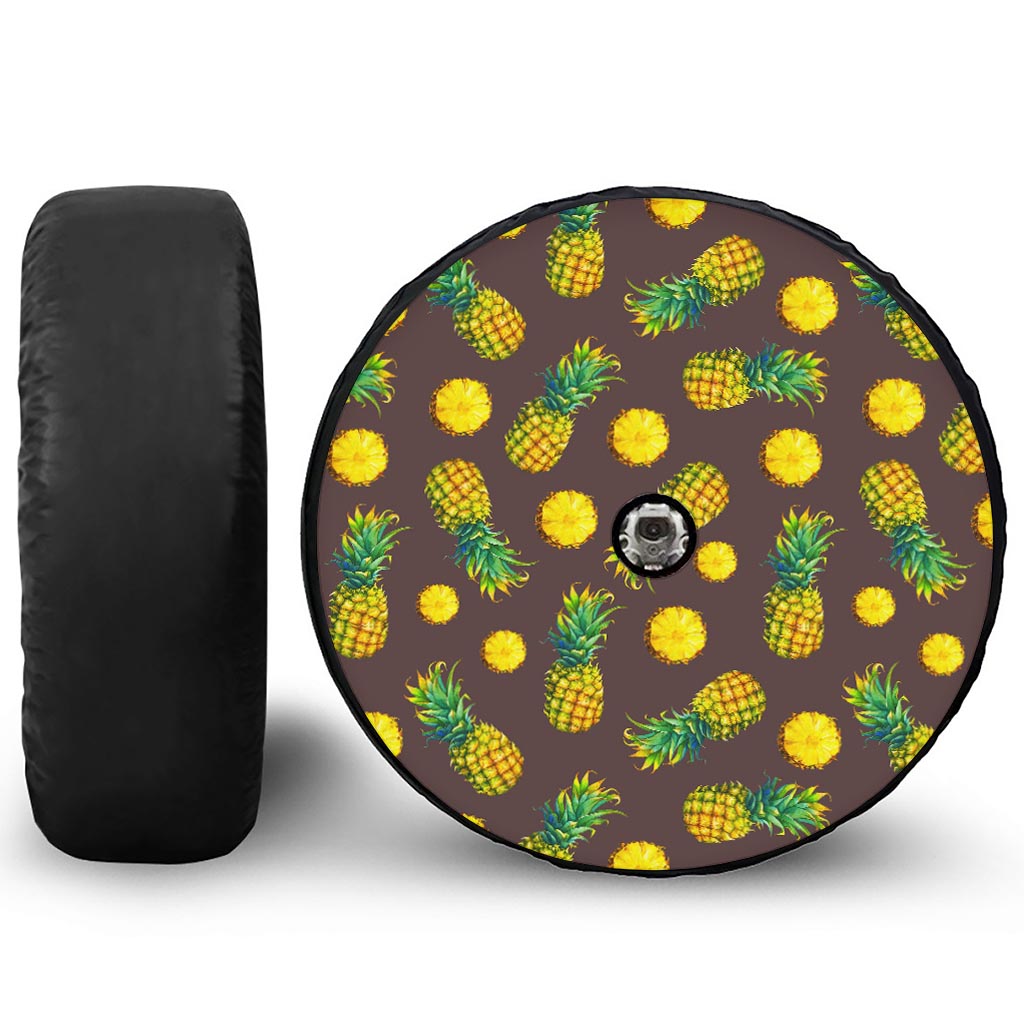 Brown Pineapple Pattern Print Tire Cover With Camera Hole