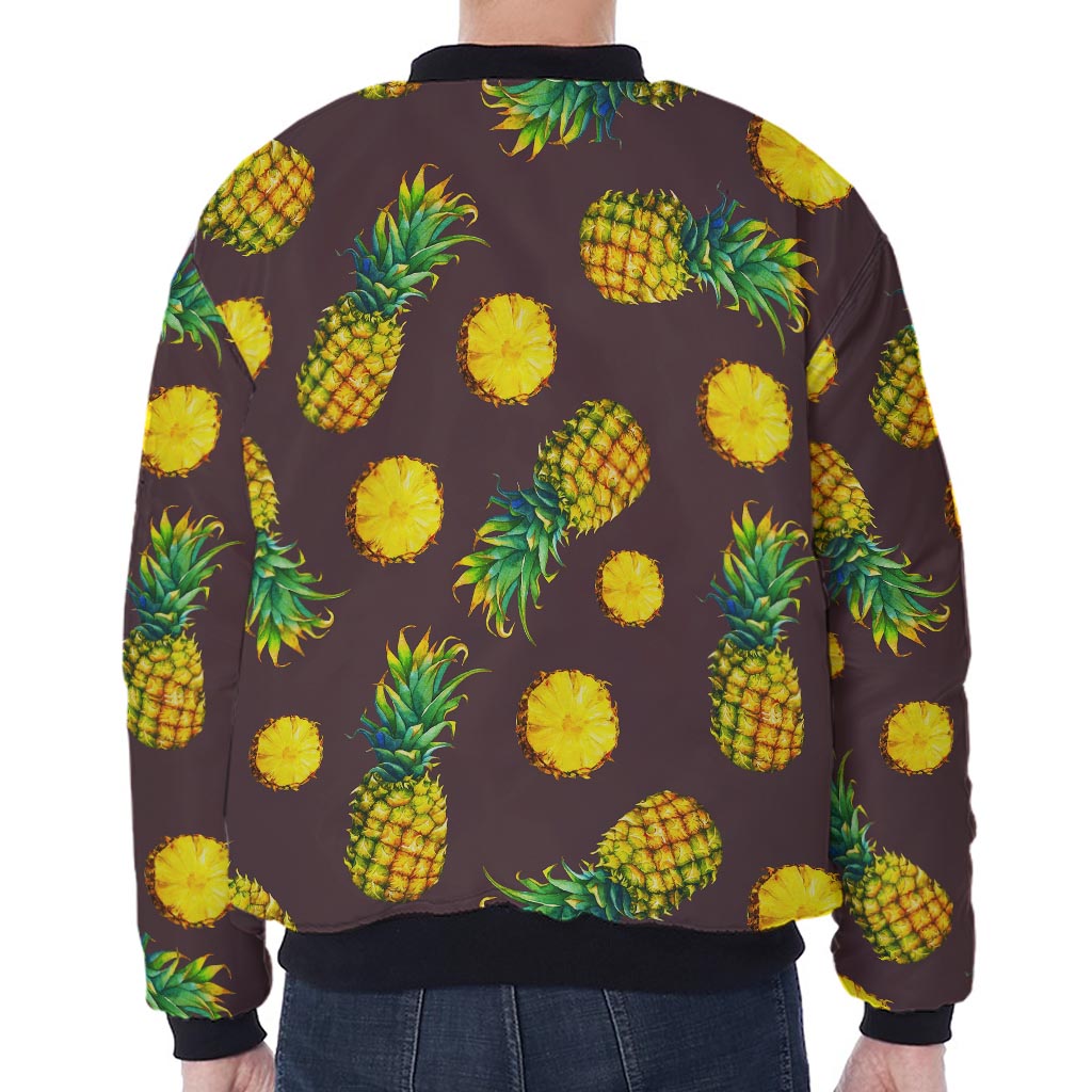 Brown Pineapple Pattern Print Zip Sleeve Bomber Jacket