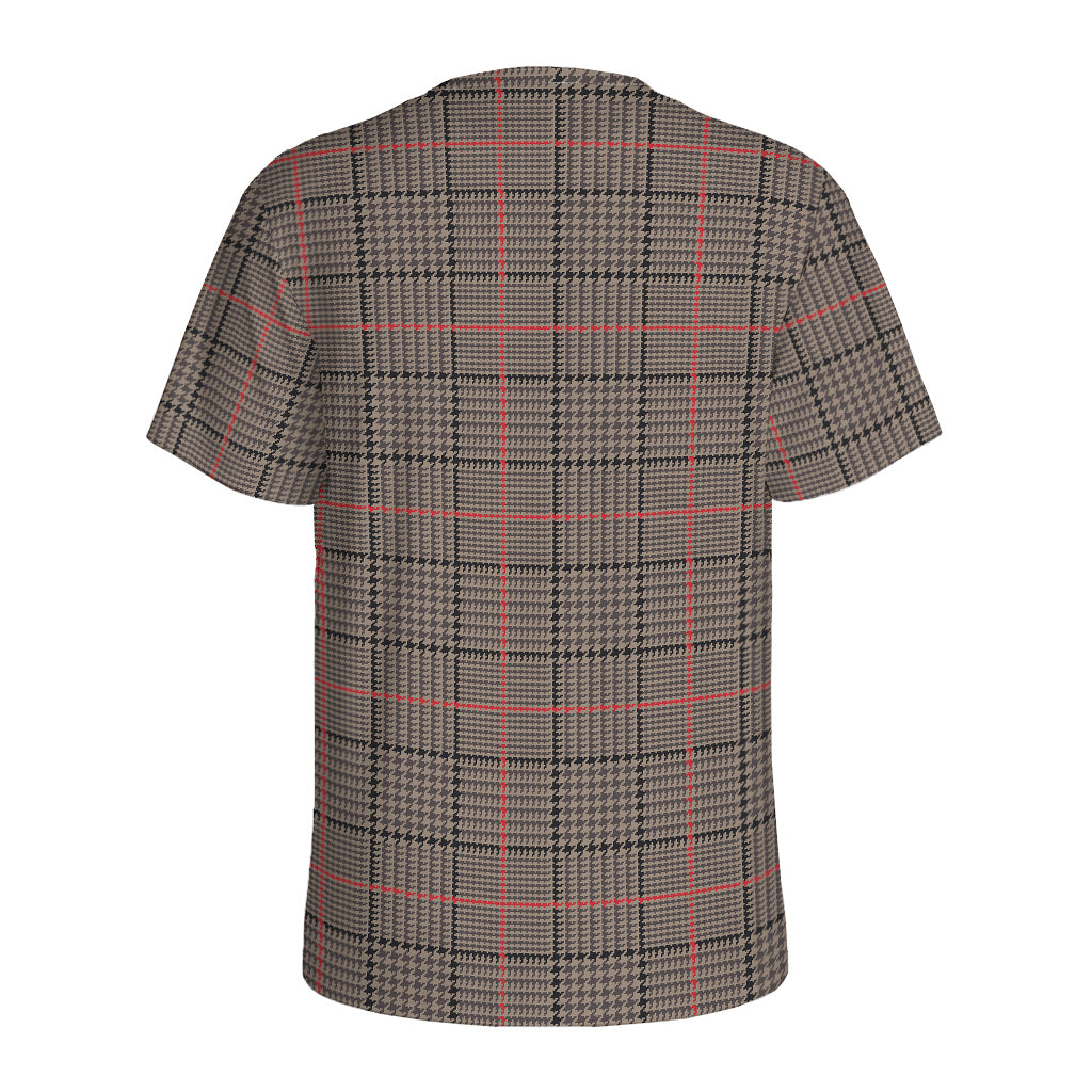 Brown Prince of Wales Check Print Men's Sports T-Shirt