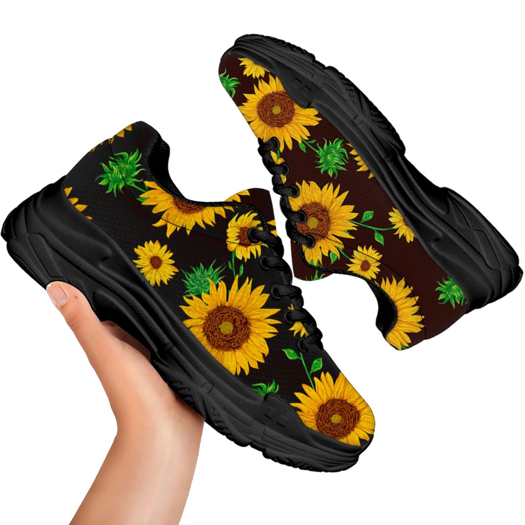 Brown Sunflower Pattern Print Black Chunky Shoes