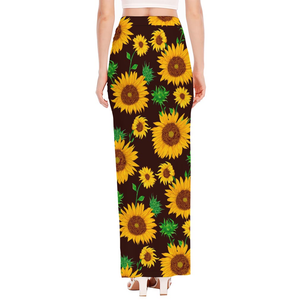 Brown Sunflower Pattern Print High Slit Maxi Skirt