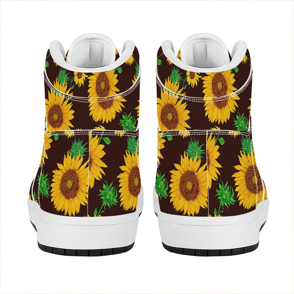 Brown Sunflower Pattern Print High Top Leather Sneakers