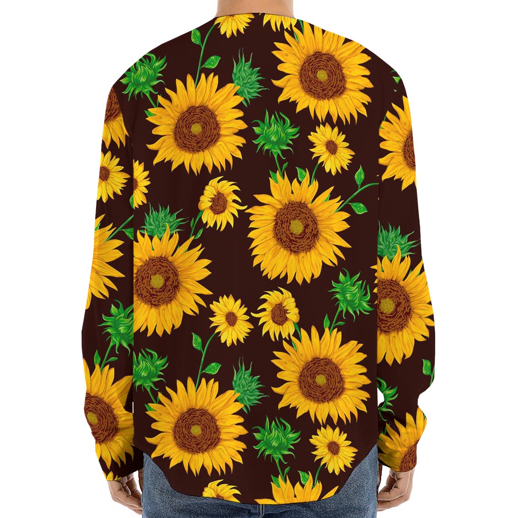 Brown Sunflower Pattern Print Long Sleeve Baseball Jersey