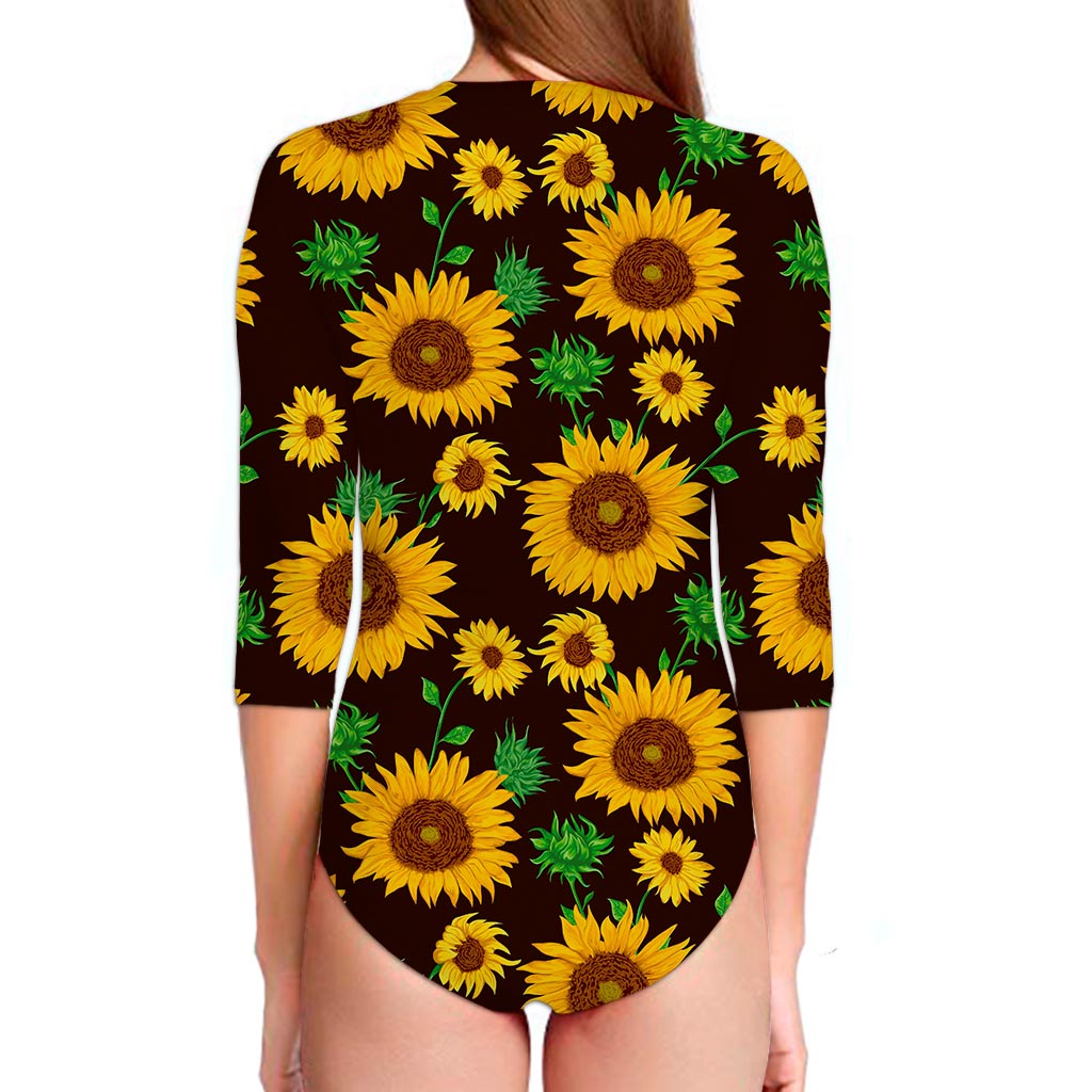 Brown Sunflower Pattern Print Long Sleeve Swimsuit