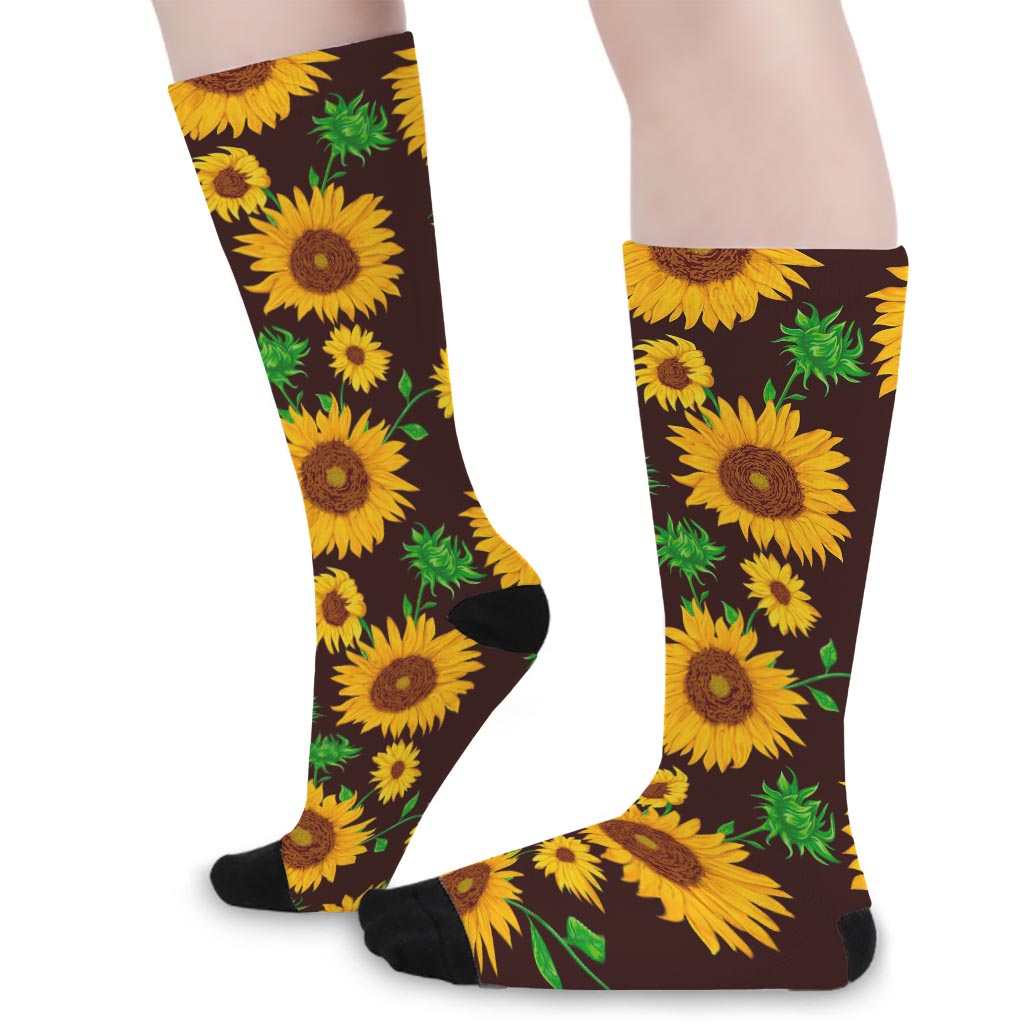 Brown Sunflower Pattern Print Long Socks
