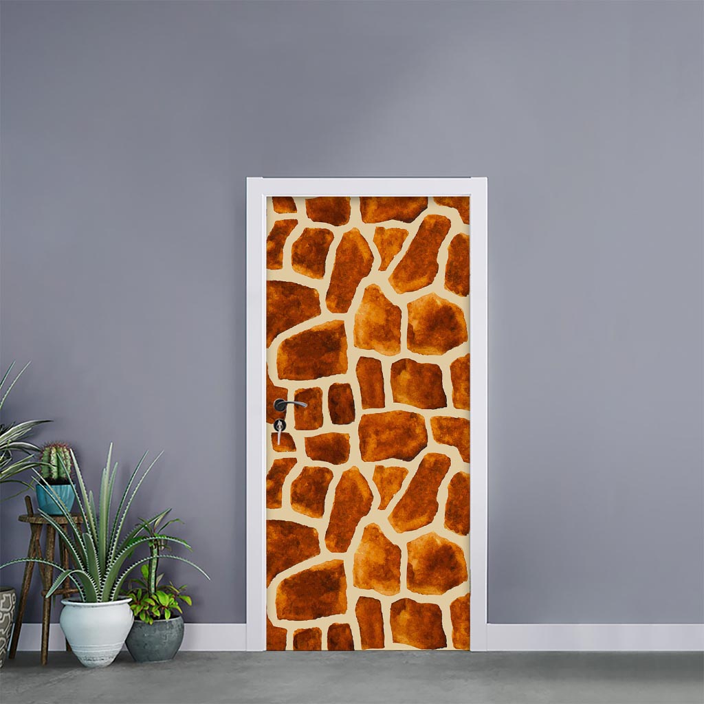 Brown Watercolor Giraffe Pattern Print Door Sticker