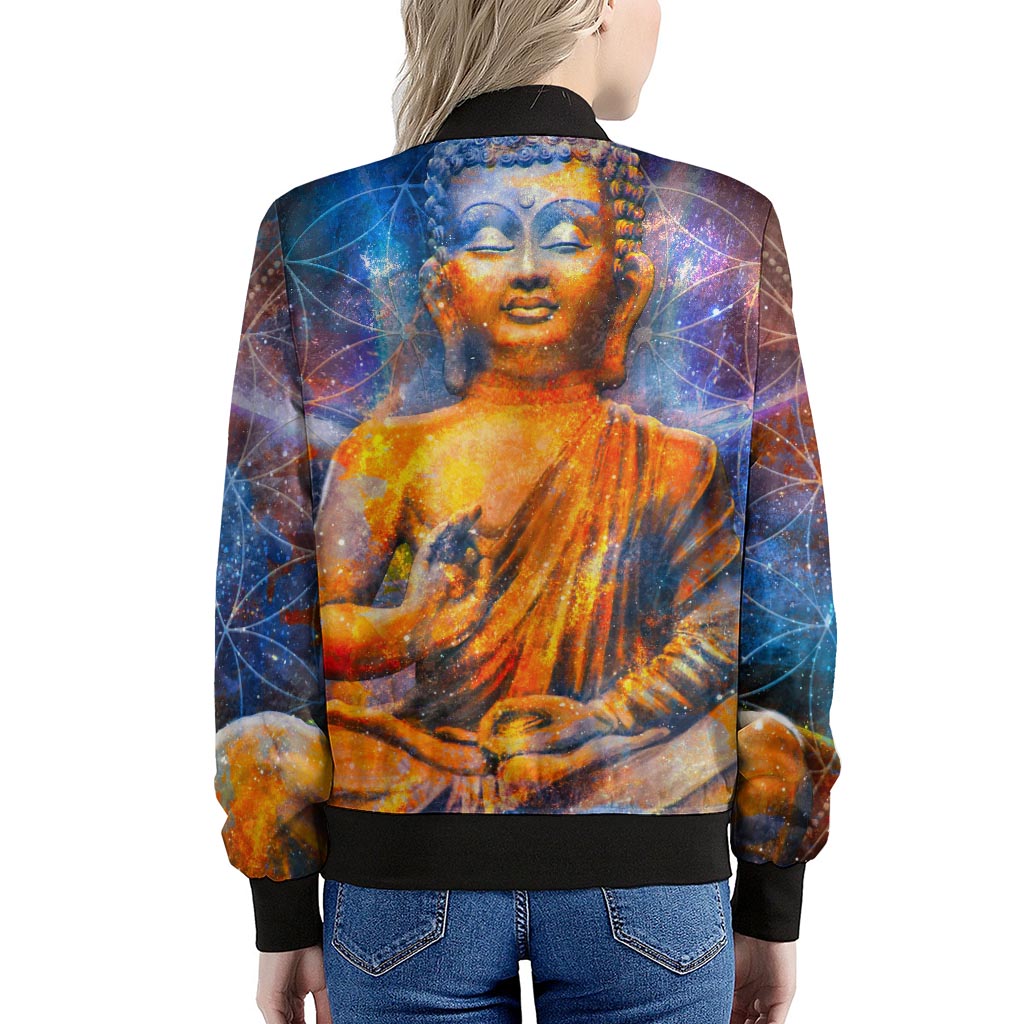 Buddha Statue Mandala Print Women's Bomber Jacket