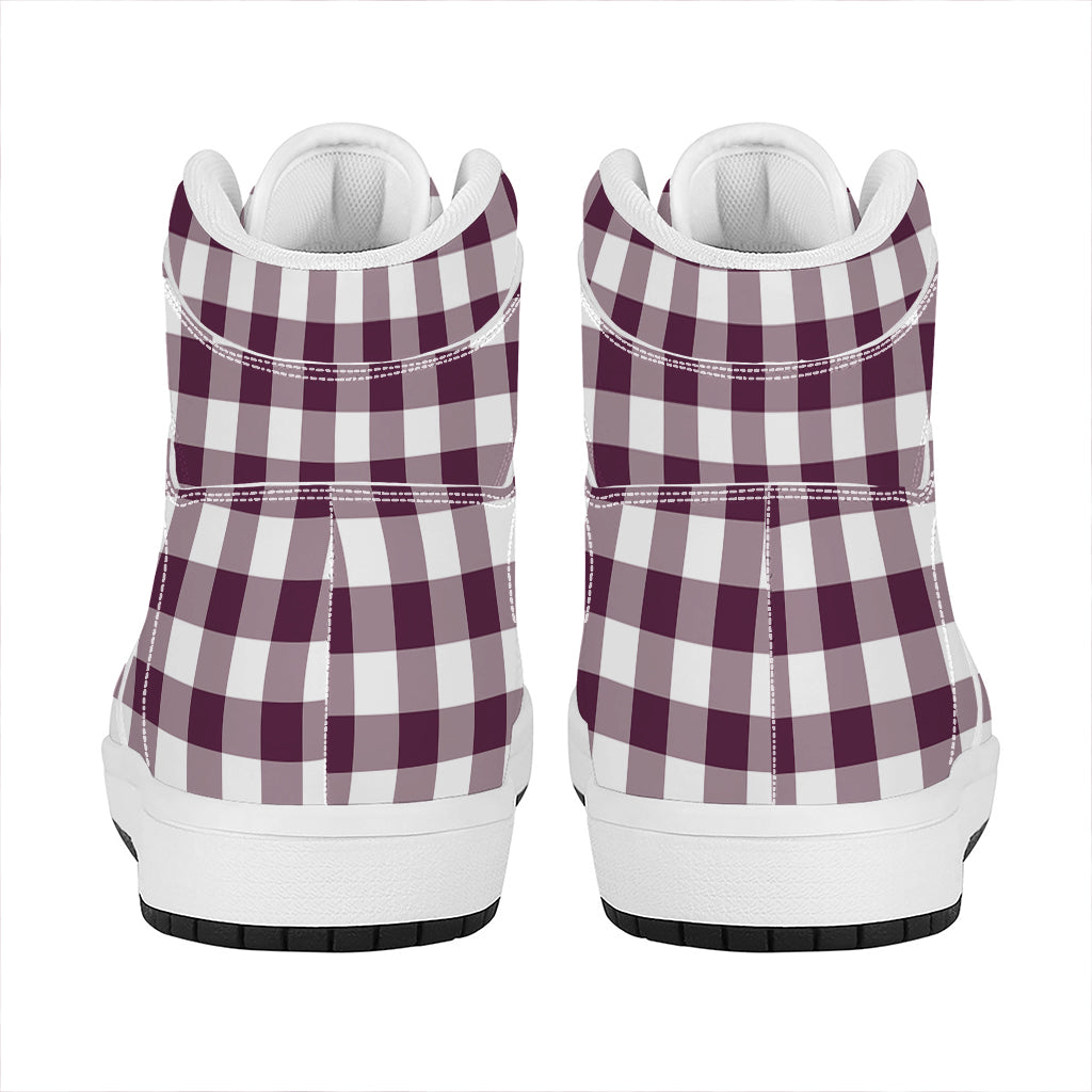Burgundy And White Check Pattern Print High Top Leather Sneakers