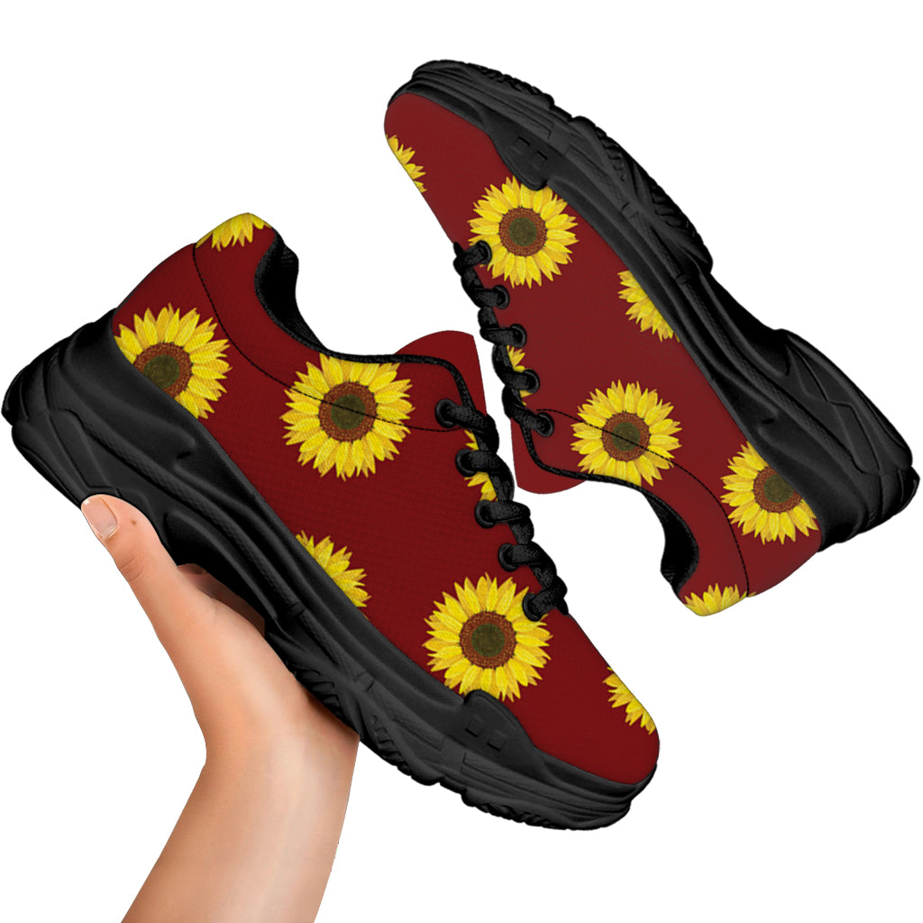 Burgundy Sunflower Pattern Print Black Chunky Shoes