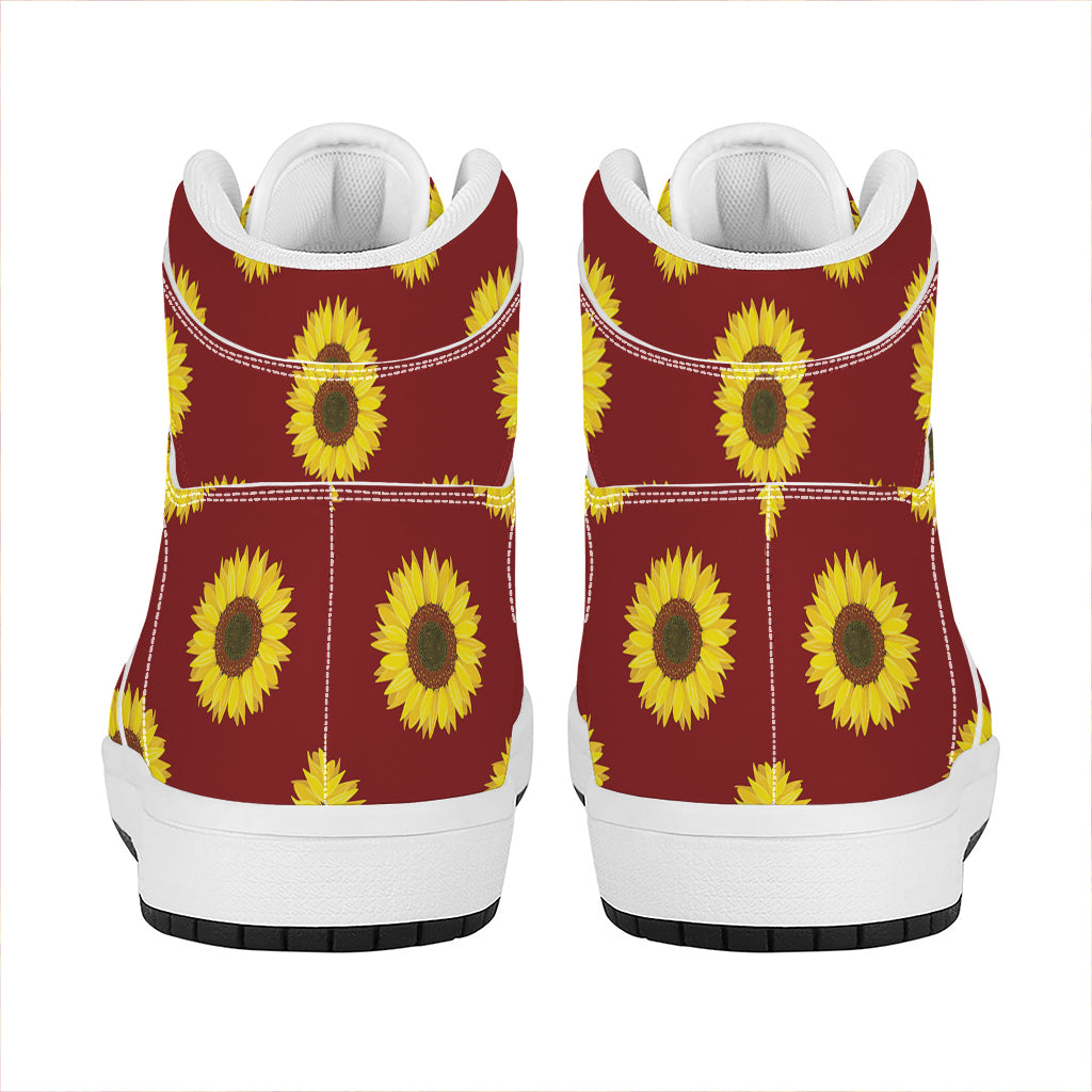 Burgundy Sunflower Pattern Print High Top Leather Sneakers
